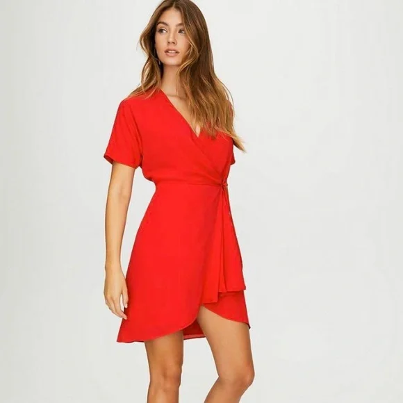 Babaton Aritzia Wallace Red Wrap Short Sleeve Mini Dress - Picture 13 of 14